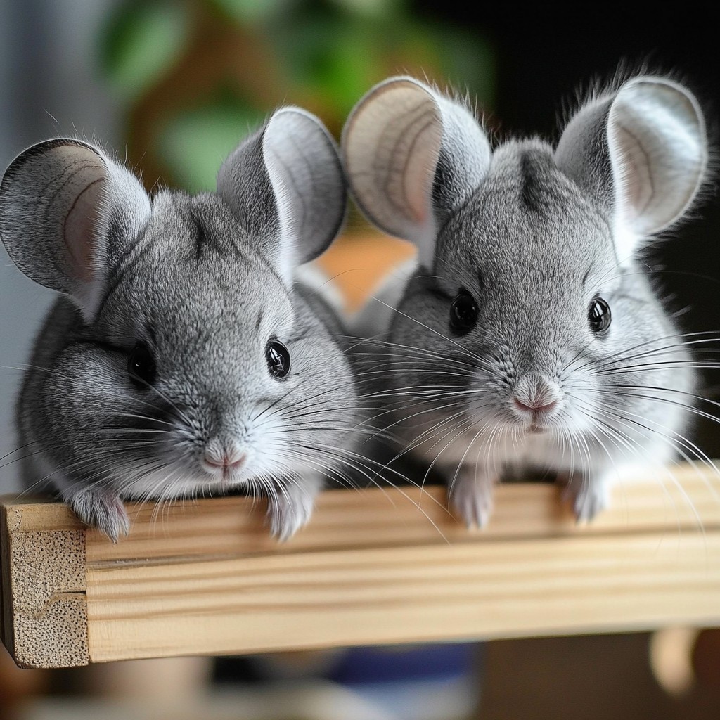 Two chinchillas peeking over a wooden perch