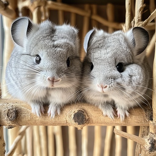 Two chinchillas sitting together in a bamboo enclosure